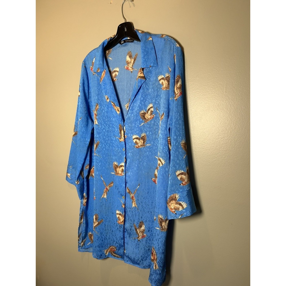Zara Women's size L flowy bird print long shirt or swim Coverup satin material - Picture 6 of 14